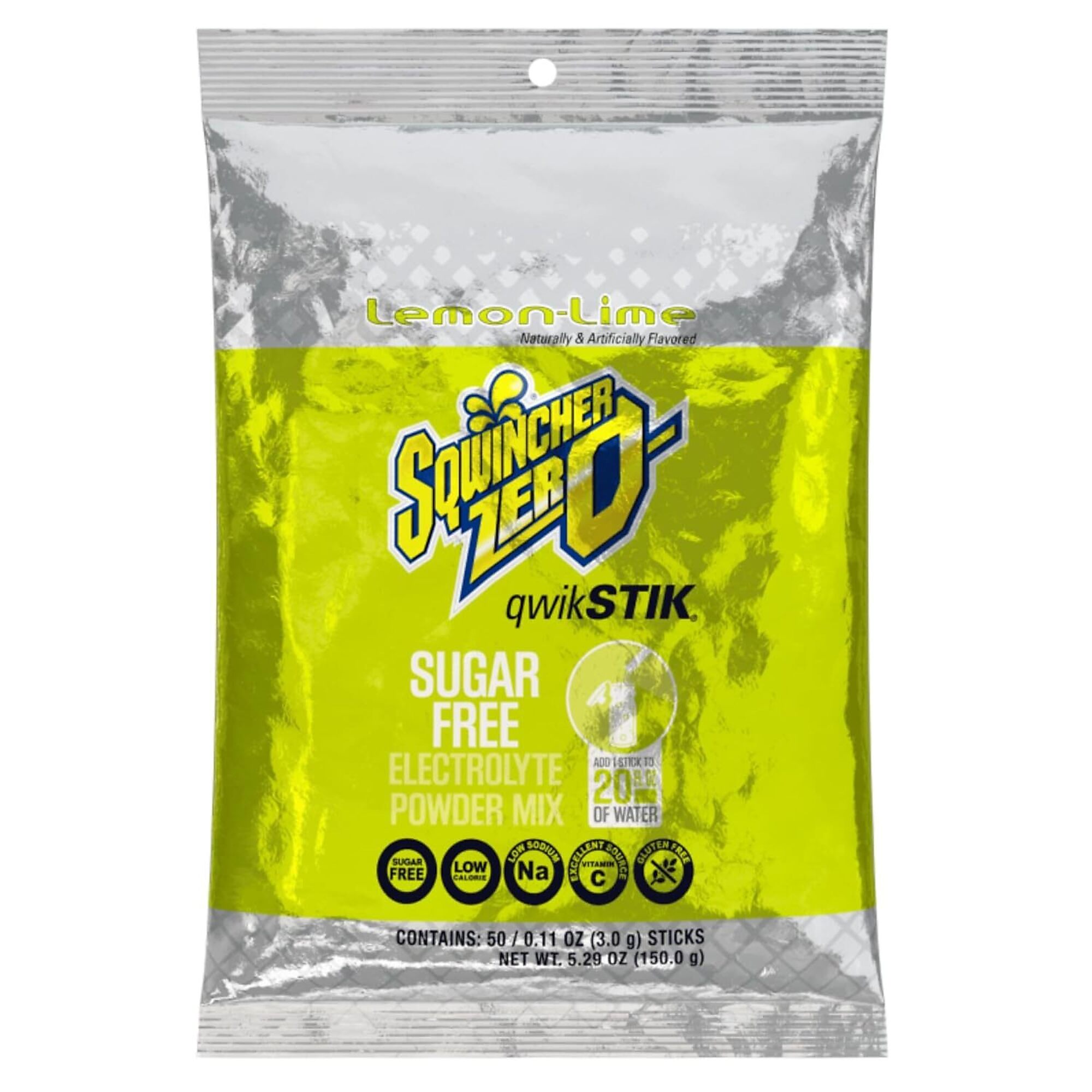 Sqwincher Zero Qwik Stik Sugar Free Electrolyte Powder Packets, Lemon-Lime, 0.11 oz, Makes 20 oz, 50 Count